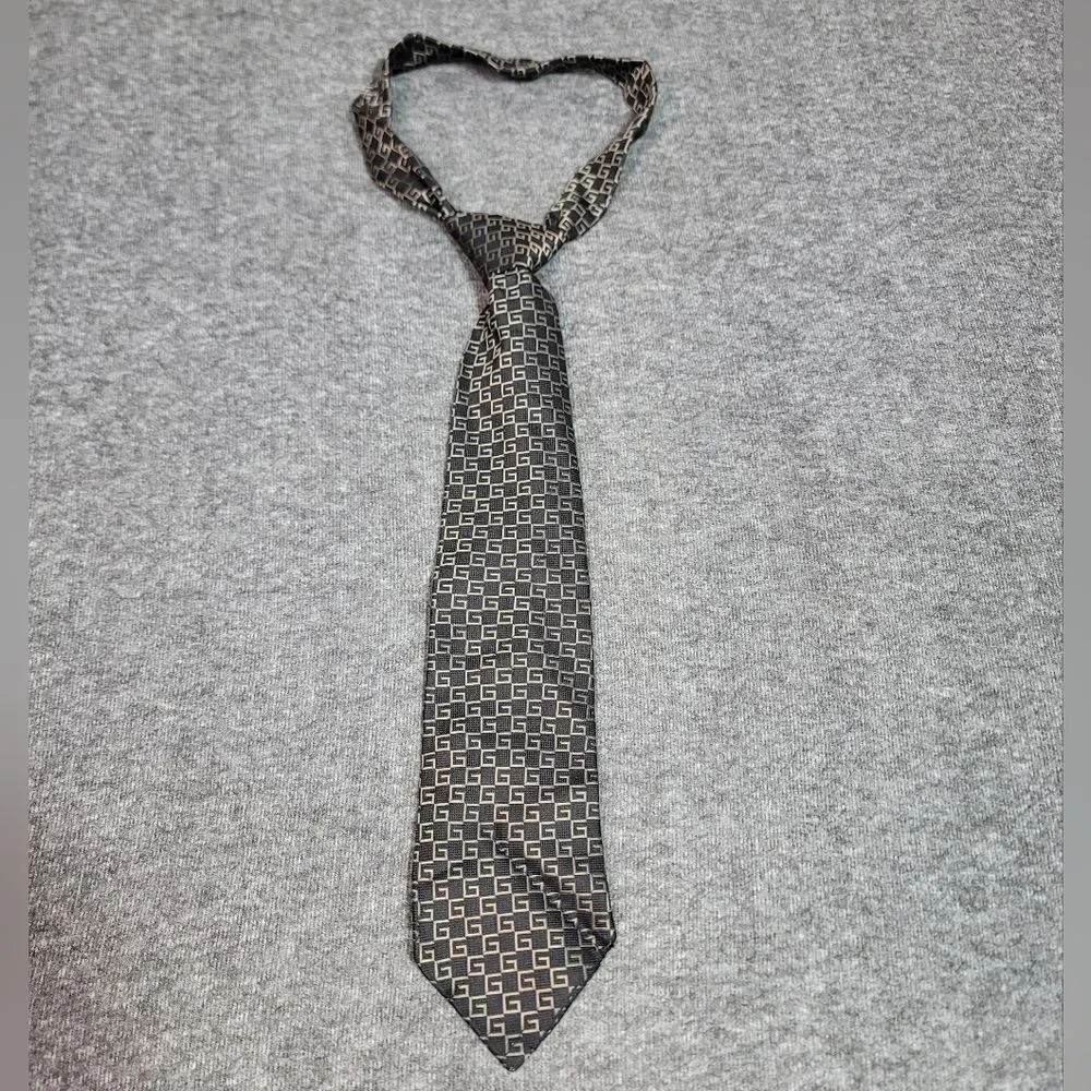Vtg 90's Gucci G Logo Back And Tan Allover Pattern Print 100% Silk Tie